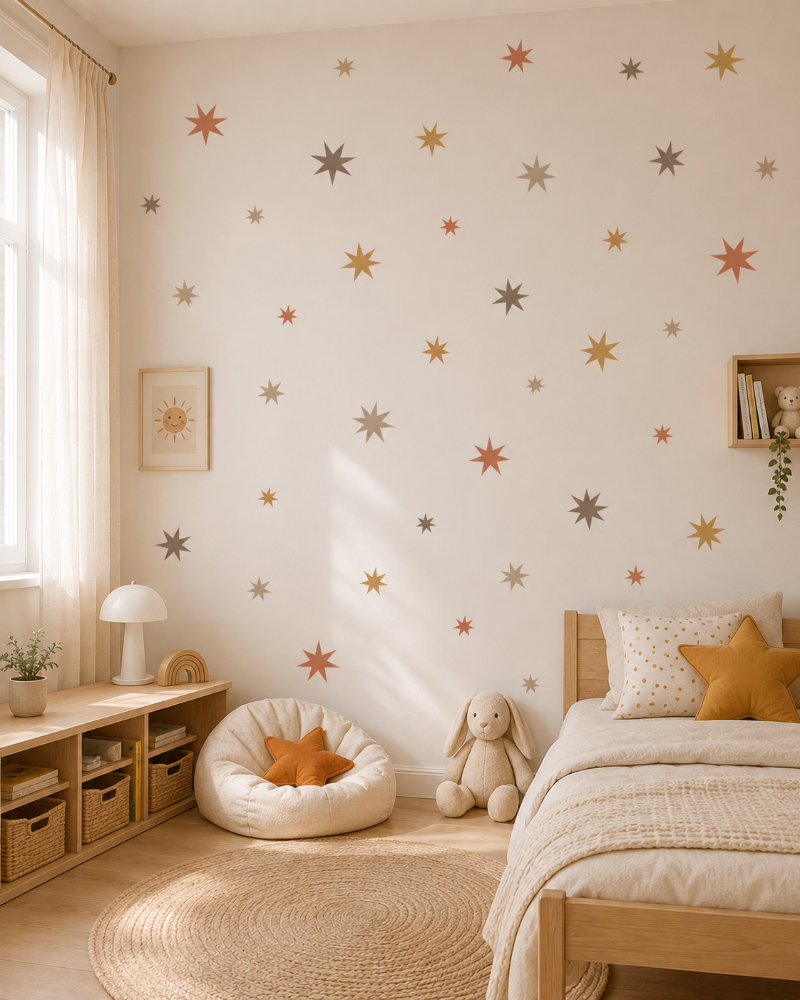 Kids bedroom wall decorated with terracotta and ochre star wall stickers